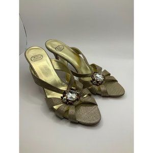 Mary Norton Shimmering Gold Sandal Heels w/ Jewel Uppers, Size 39 IT, 9 US